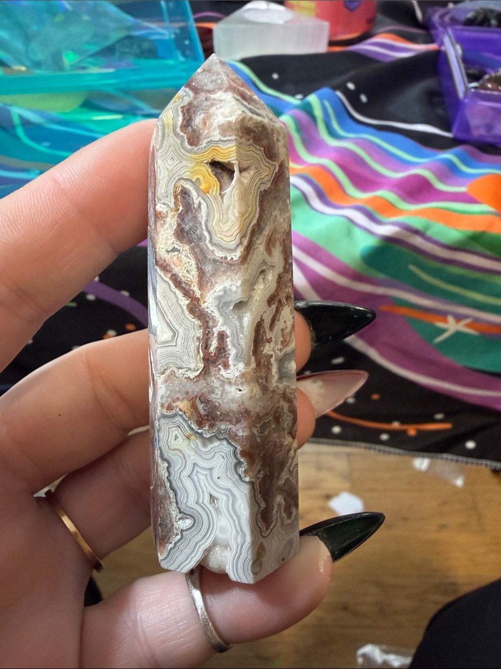 Polished Lace Agate Point Tower in Brown, White & Yellow